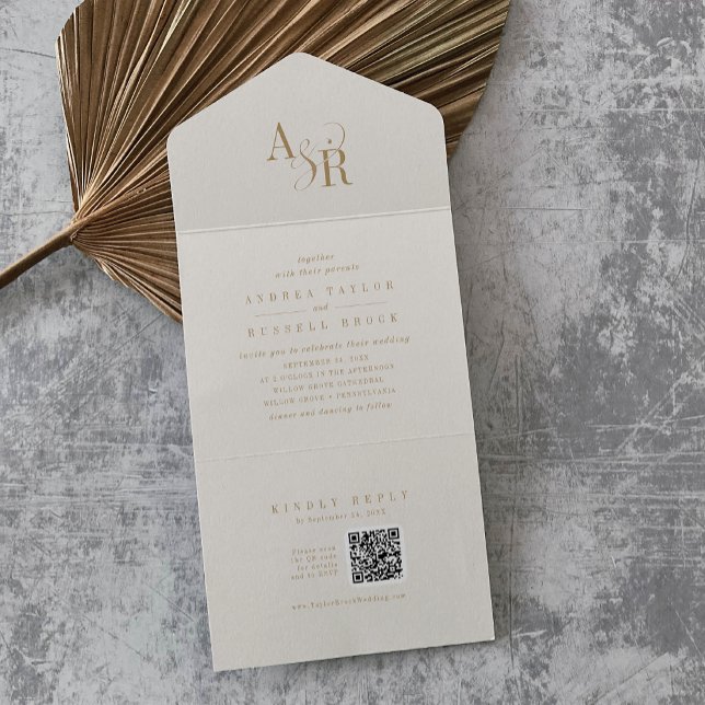 Código ANDREA QR Formal Moderno Dourado Casamento  (ANDREA QR Code Formal Modern Gold Cream Wedding All In One Invitation)