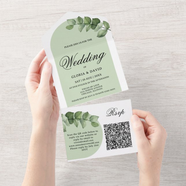 Código Elegante Eucalyptus QR, Tudo Em Um Convite (Aba destacável)