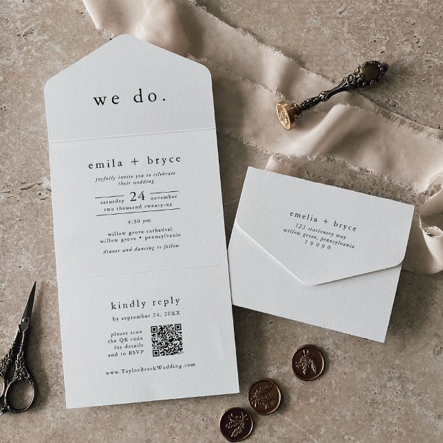Código EMELIA QR White Black Rustic Casamento Simp (EMELIA QR Code White Black Rustic Simple Wedding All In One Invitation)