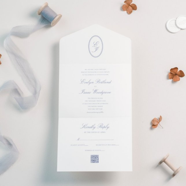 Código QR azul empoeirado de caligrafia RSVP Elega (Criador carregado)