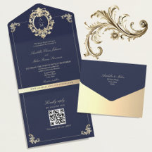 Código QR Barroco Azul Marinho Dourado Casamento