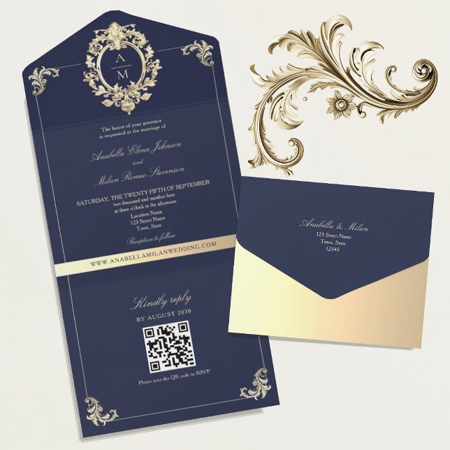 Código QR Barroco Azul Marinho Dourado Casamento (Criador carregado)