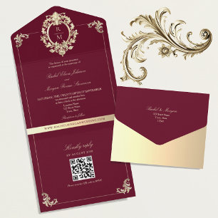 Código QR Barroco Borgonha Dourado Casamento