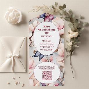 Código QR Blush Pink Magnolia Floral Casamento