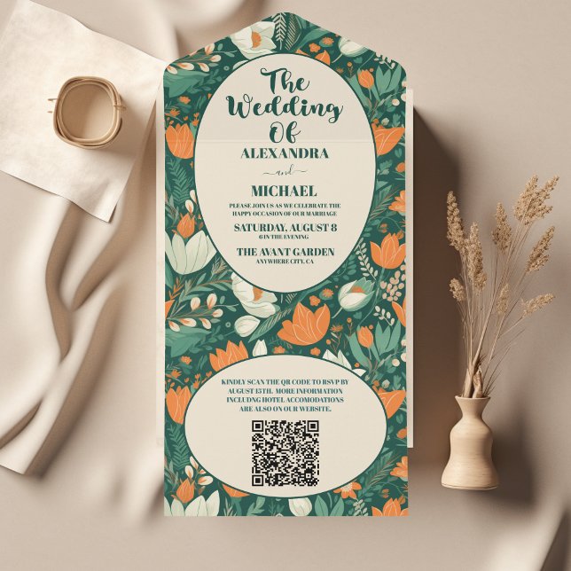 Código QR Boho Retro Casamento Floral (Criador carregado)