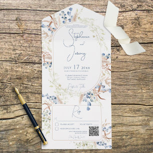 Código QR Branco das Flores de Boho Secas Azuis e