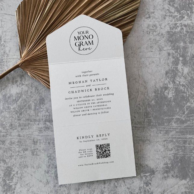 Código QR Branco preto MEGHAN Casamento Moderno Mo (MEGHAN Black White QR Code Monogram Modern Wedding All In One Invitation)
