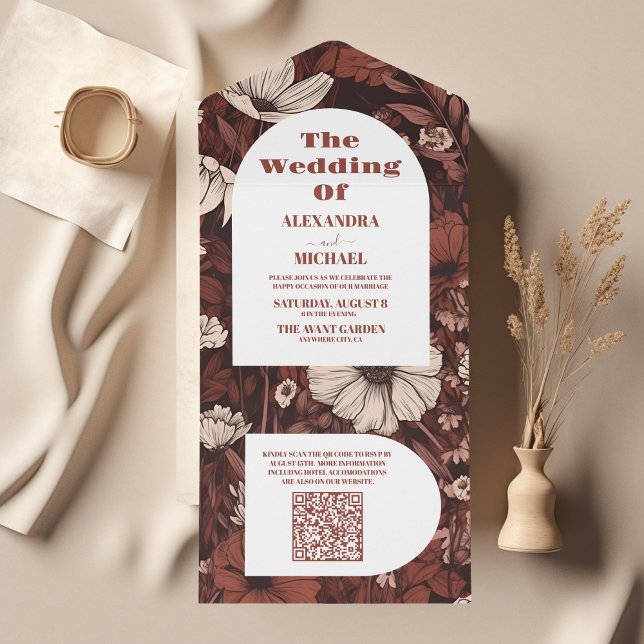 Código QR Burgundy Flores Selvagens Casamento (Criador carregado)