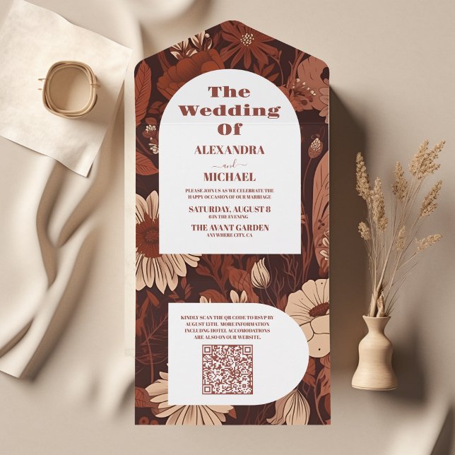 Código QR Burgundy Flores Selvagens Casamento (Criador carregado)