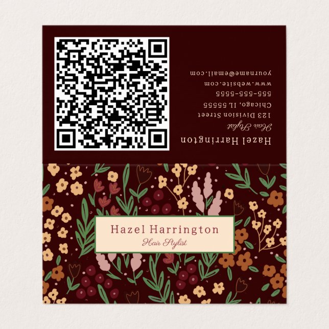 Código QR Cartão de visita Floral Burgandy Dobrado (Exterior Desdobrado)