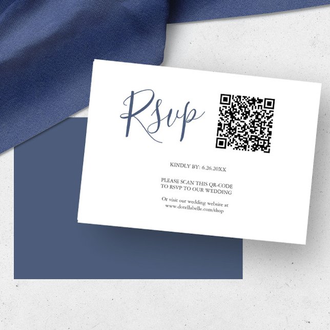 Código QR Cartões RSVP Marinho Azul (QR code rsvp cards navy blue by Victoria Grigaliunas of Do Tell A Belle)