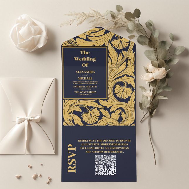 Código QR Casamento Art Nouveau Azul Clássico (Criador carregado)