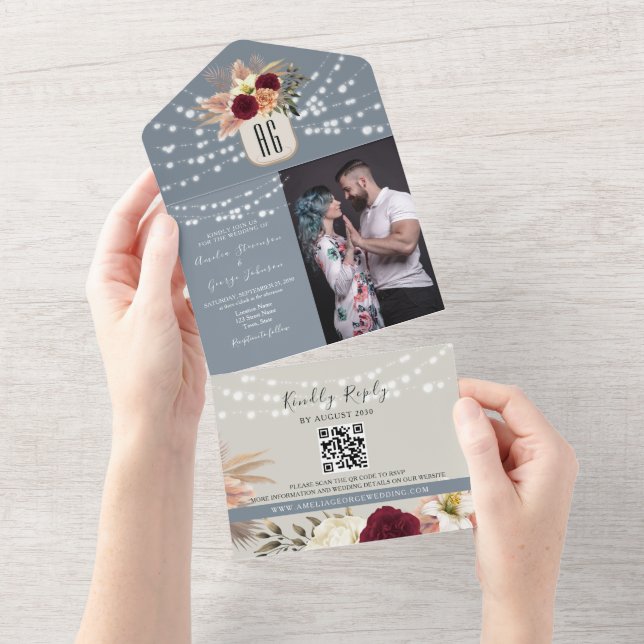 Código QR Casamento Azul Empoeirado e Borgonha (Aba destacável)