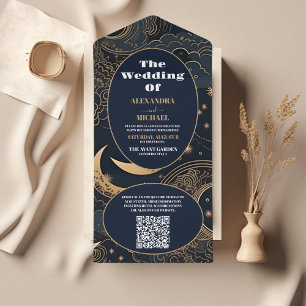 Código QR Casamento Celestial Azul Dourado à Meia-
