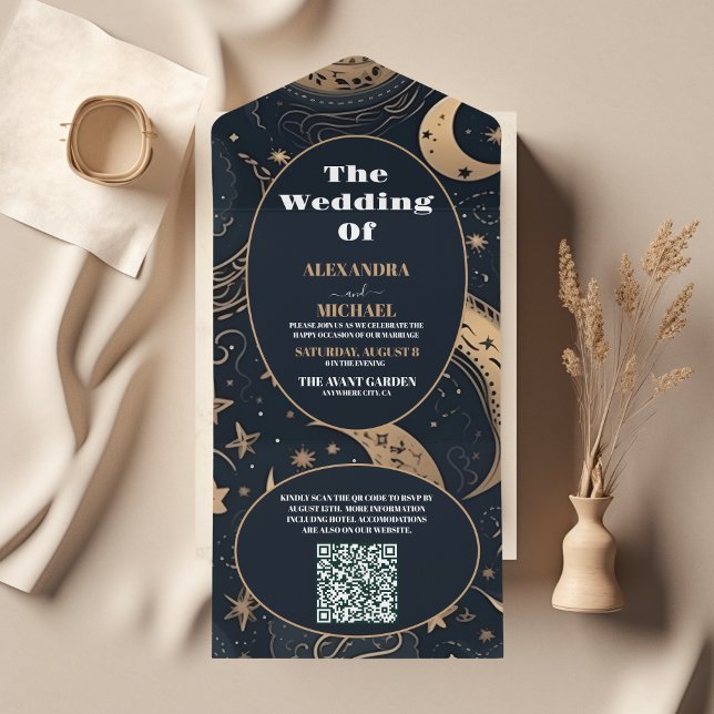 Código QR Casamento Celestial Azul Dourado à Meia- (Criador carregado)