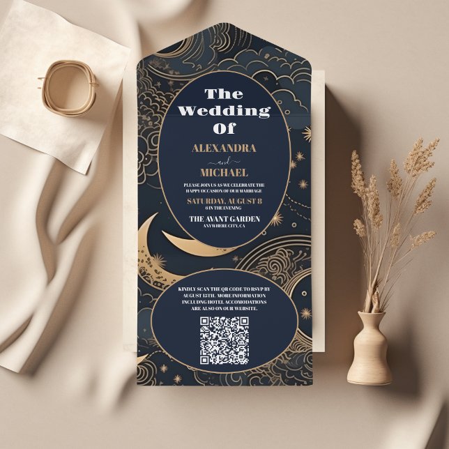 Código QR Casamento Celestial Azul Dourado à Meia- (Criador carregado)