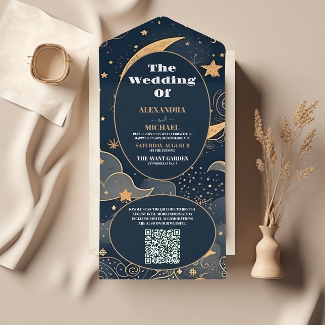 Código QR Casamento Celestial Azul Meia-Noite Dour (Criador carregado)