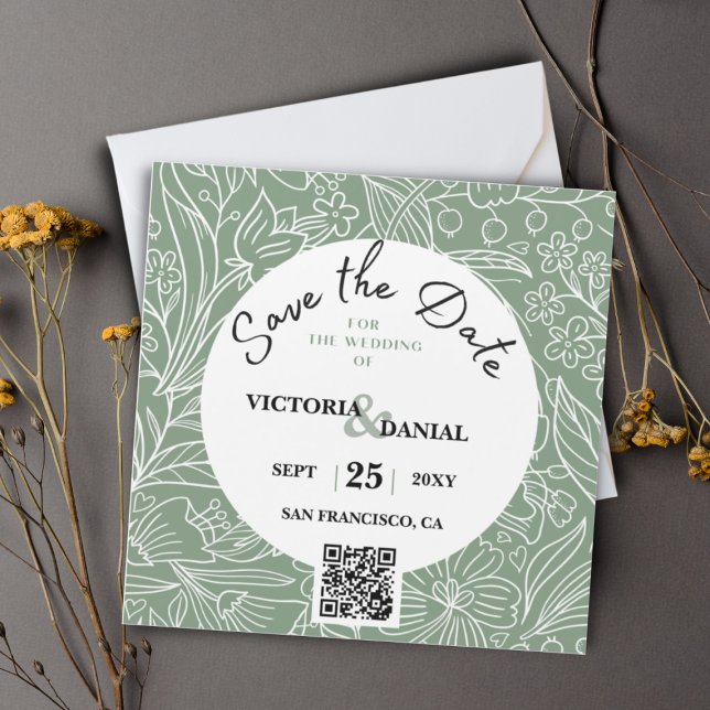 Código QR Casamento com Caligrafia Floral Verde Mo (Criador carregado)