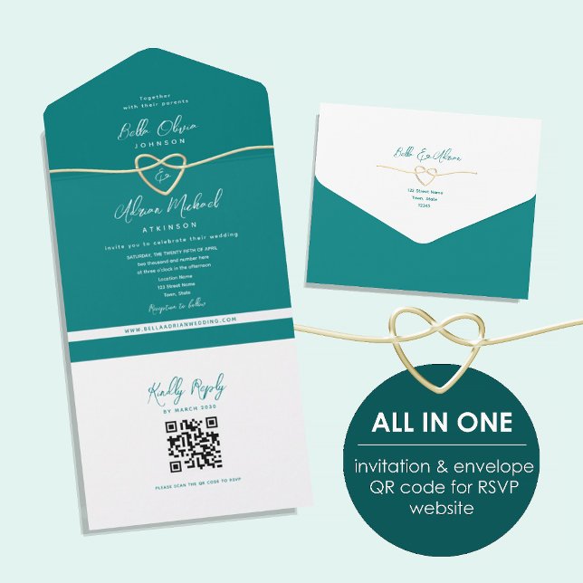 Código QR Casamento Coração Dourado Turquesa (Criador carregado)