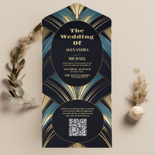 Código QR Casamento de Deco Azul e Dourado