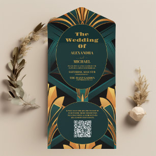 Código QR Casamento de Deco Verde e Arte Dourada
