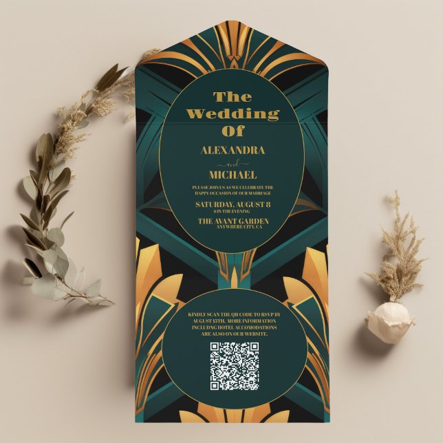 Código QR Casamento de Deco Verde e Arte Dourada (Criador carregado)