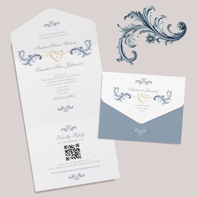 Código QR Casamento Dourado Azul Empoeirado Vintag (Criador carregado)