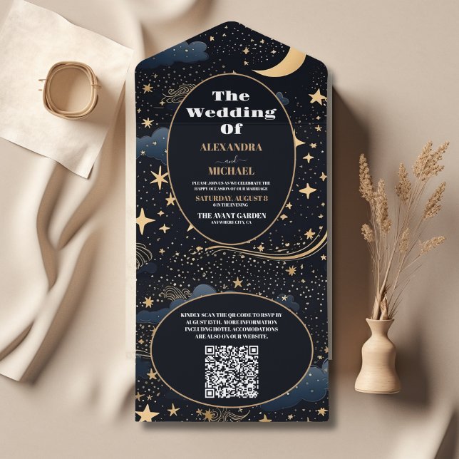 Código QR Casamento Estrelas Lua Azul Meia-Noite C (Criador carregado)