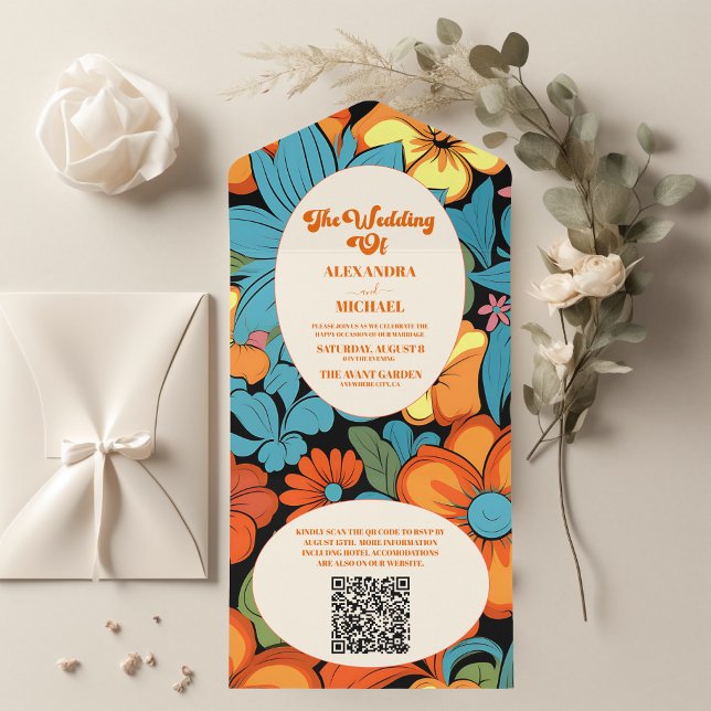 Código QR Casamento Floral Boho Anos 70 Retro (Criador carregado)