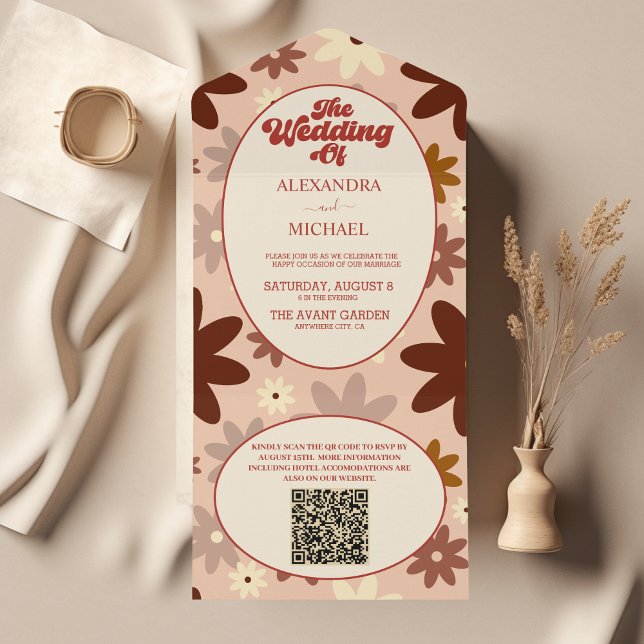 Código QR Casamento Floral Retro Moderno Groovy An (Criador carregado)
