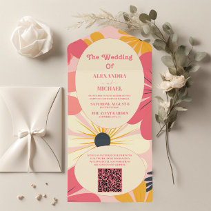 Código QR Casamento Groovy Retro Rosa & Dourado