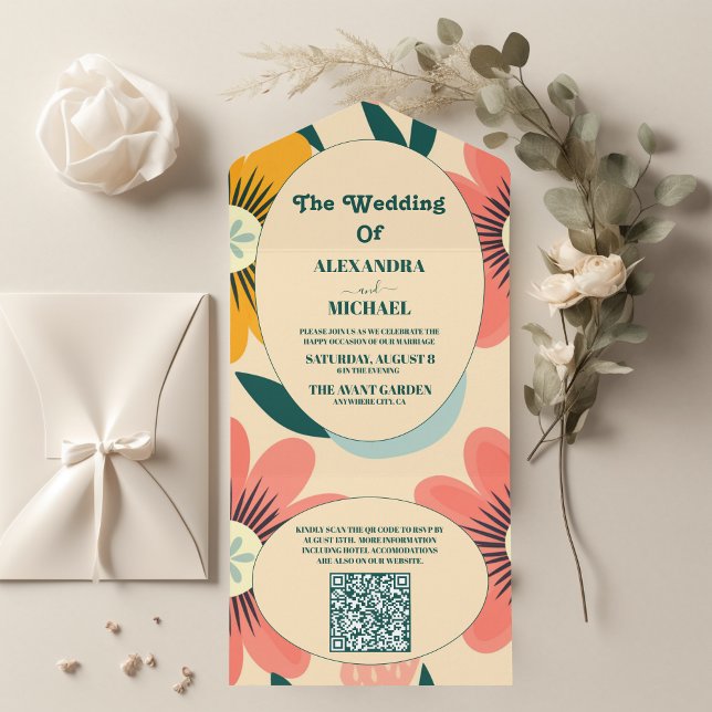Código QR Casamento Groovy Retro Rosa & Dourado (Criador carregado)