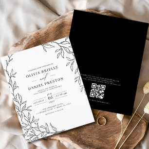 Código QR Casamento Mínimo de Folha Preto e Branco