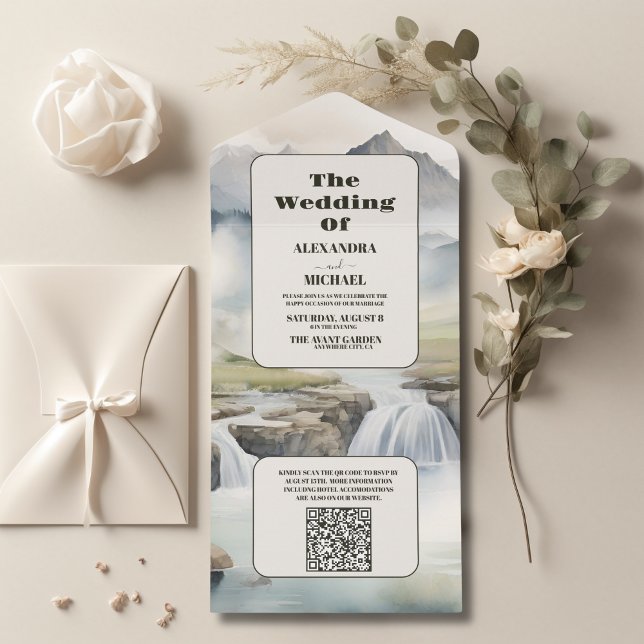 Código QR Casamento Rustic Mountain Waterfall Boho (Criador carregado)
