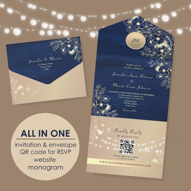 Código QR Casamento Rústico Azul Marinho Dourado R (Criador carregado)