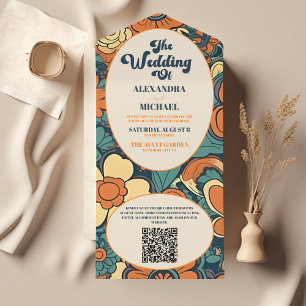 Código QR Colorido Groovy Retro Casamento Floral d