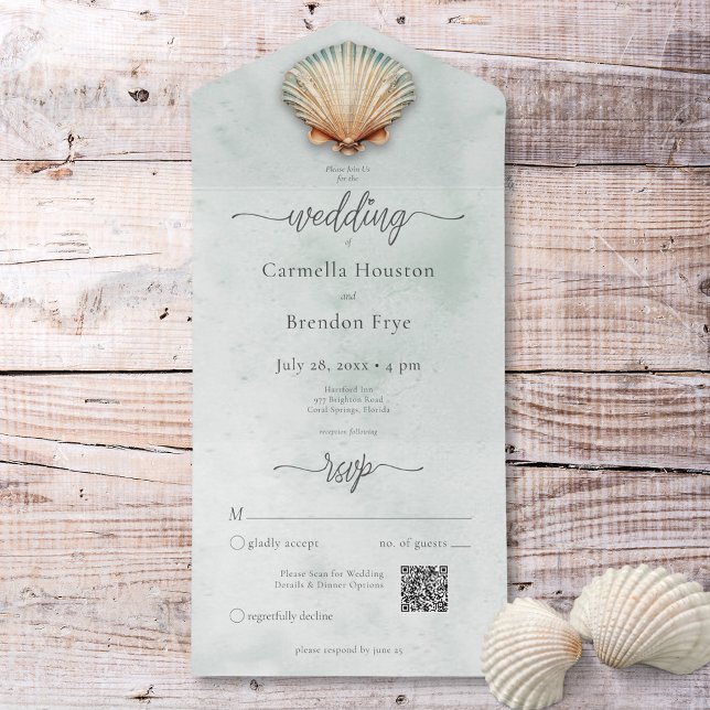 Código QR da Aqua Watercolor da Seashell Costeira  (Modern Coastal Seashell Aqua Watercolor QR Code All In One Invitation)