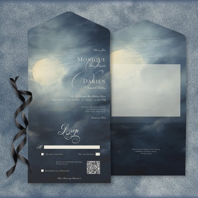 Código QR da Noite da Lua Cheia Gótica Escura (Dark Gothic Full Moon Night Sky All In One Wedding Invitation with QR Code)