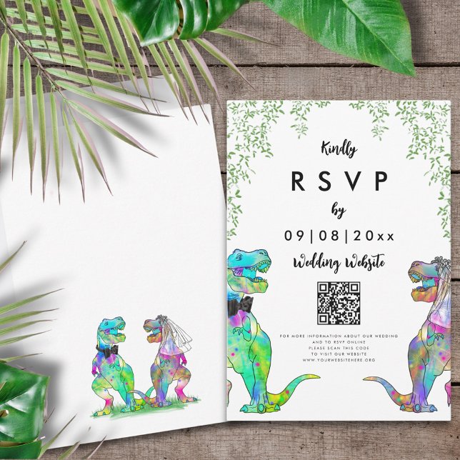 Código QR da Resposta de Casamento do Tema do Dino (T-Rex bride and groom colorful dinosaur wedding invitation RSVP enclosure card with website QR code)