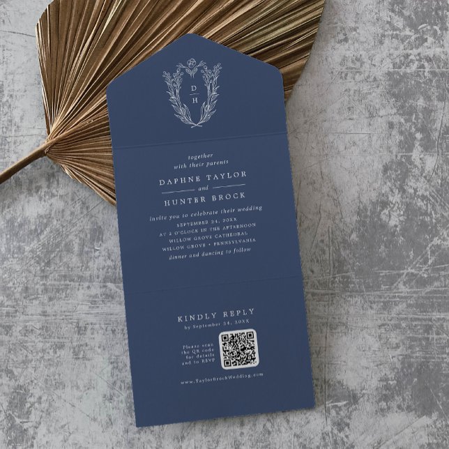 Código QR DAPHNE Casamento Floral Minimalista Azul (DAPHNE QR Code Dark Blue Minimalist Floral Wedding All In One Invitation)