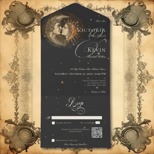 Código QR Dark Moody Vitoriano Beijando Lua e Sol (Dark Moody Victorian Kissing Moon & Sun QR Code All In One Invitation)