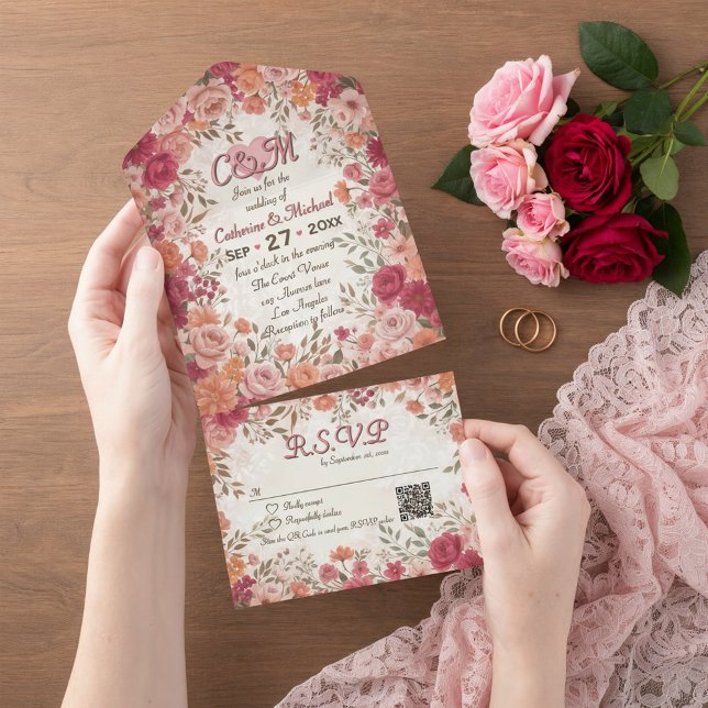 Código QR de (Flat lay pink red floral vintage spring garden romantic wedding invitation suite with RSVP)
