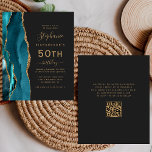 Código QR de 50º Aniversário do Teal Dourado do Or<br><div class="desc">A borda esquerda deste elegante e moderno convite de aniversário 50º apresenta uma borda azul-lacrimejante agate feita com brilho dourado. O texto personalizável combina manuscrito dourado, fontes em copperplate e itálico em um fundo preto de slate. Adicione instruções RSVP na parte traseira da placa, juntamente com um código QR que...</div>