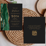 Código QR de Agate Dourado Verde do Orçamento 50º<br><div class="desc">A borda esquerda deste elegante e moderno convite de aniversário 50º apresenta uma esmeralda verde aquarela agate borda com brilho dourado. O texto personalizável combina manuscrito dourado, fontes em copperplate e itálico em um fundo preto de slate. Adicione instruções RSVP na parte traseira da placa, juntamente com um código QR...</div>