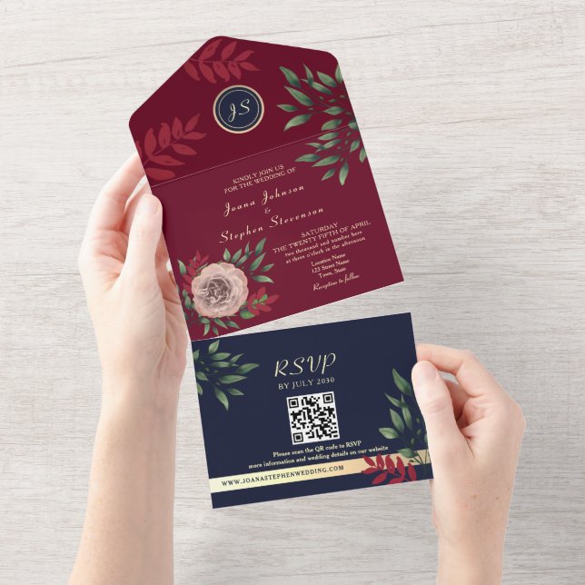 Código QR de Casamento Azul Marinho Burgundy (Tearaway)