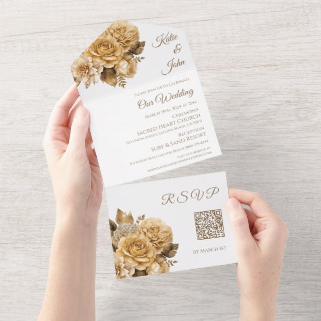 Código QR de Casamento Branco-Buquê Flor Neutro - (Aba destacável)