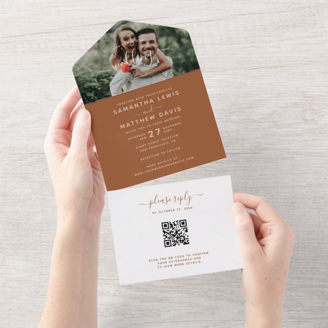 Código QR de Casamento com Foto e Letra Terracota  (Tearaway)