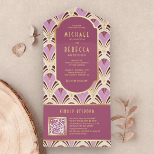 Código QR de casamento com padrão Art Deco em rosa