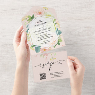 Código QR de Casamento Cor Floral Blush Cor-de-Ros