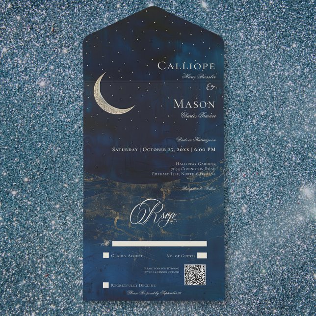 Código QR de Casamento da Lua do Crescente Azul Ce (Celestial Blue Crescent Moon Wedding QR Code All In One Invitation)